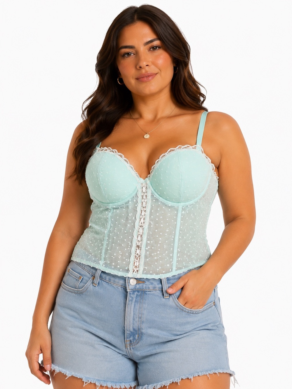 Y2K European Vintage Polka Dot Mesh Lace Bustier Corset (Sea Foam/White) 38E/XL
